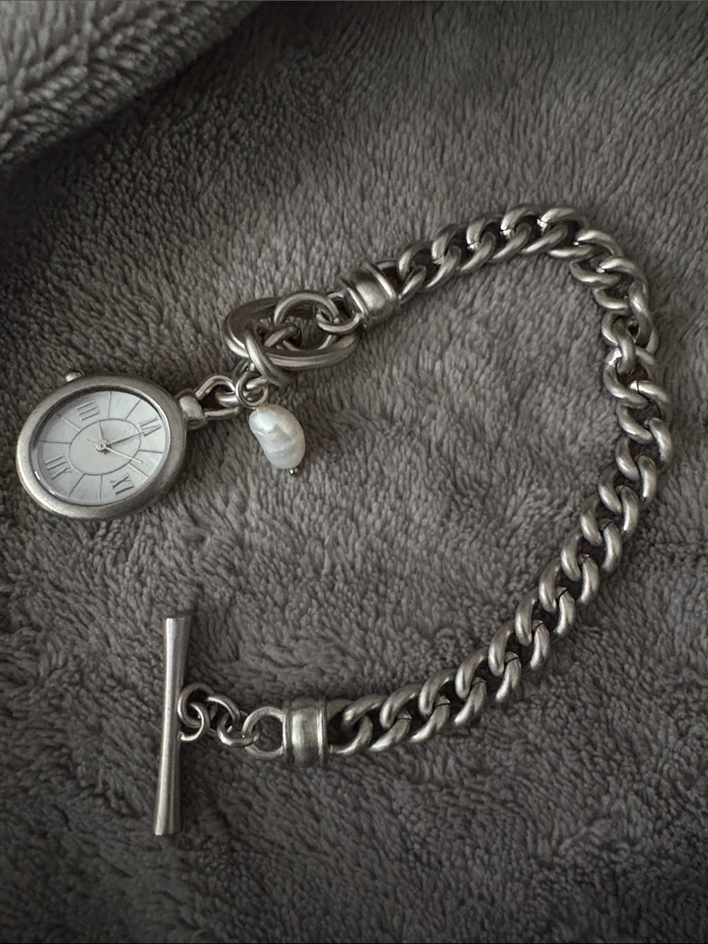 J. Jill Silver-Tone Toggle Chain Bracelet Watch with natural Pearl Charm
